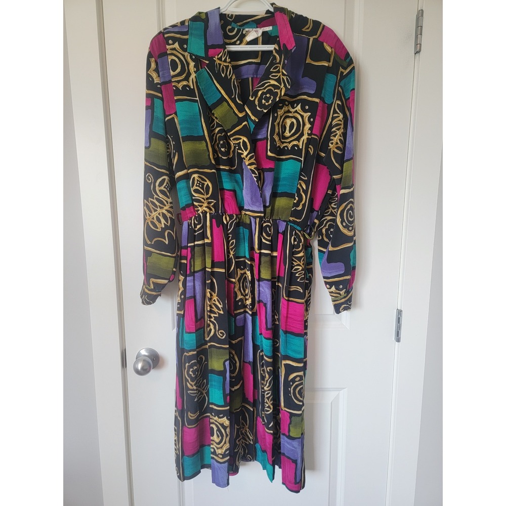San Joy Vintage Womens Large Geometric Print Midi Dress Long Sleeve Multi Retro